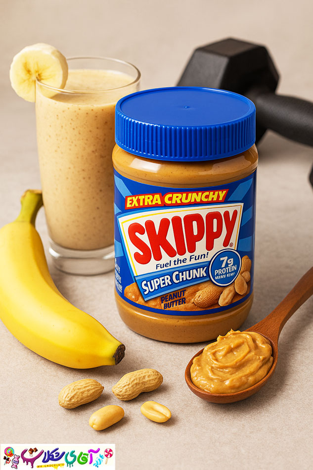 کره بادام زمینی اسکیپی تیکه دار آبی 1 کره بادام زمینی اسکیپی تیکه دار